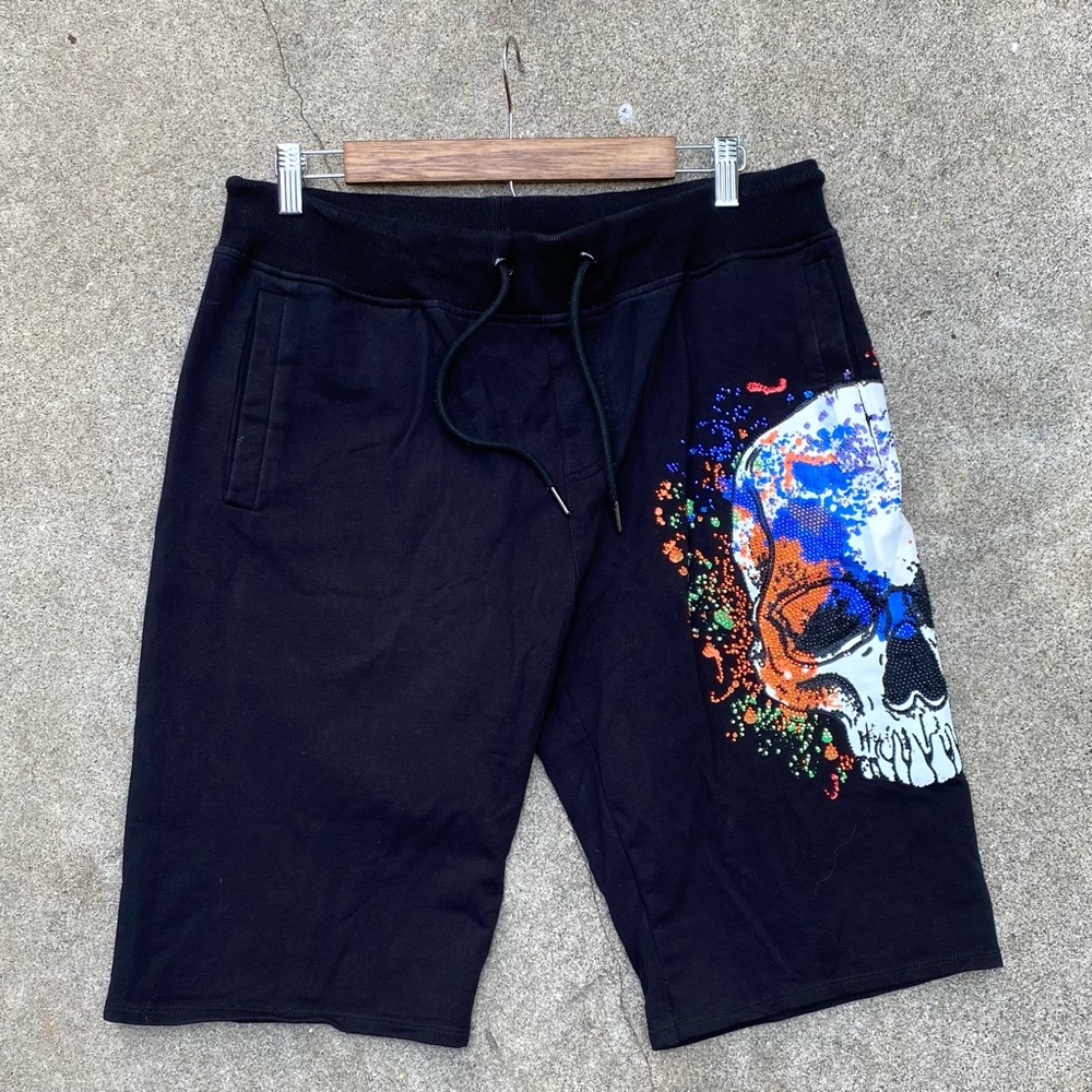 Rhinestone Paint Splatter Skull Shorts Majestik XL (P)